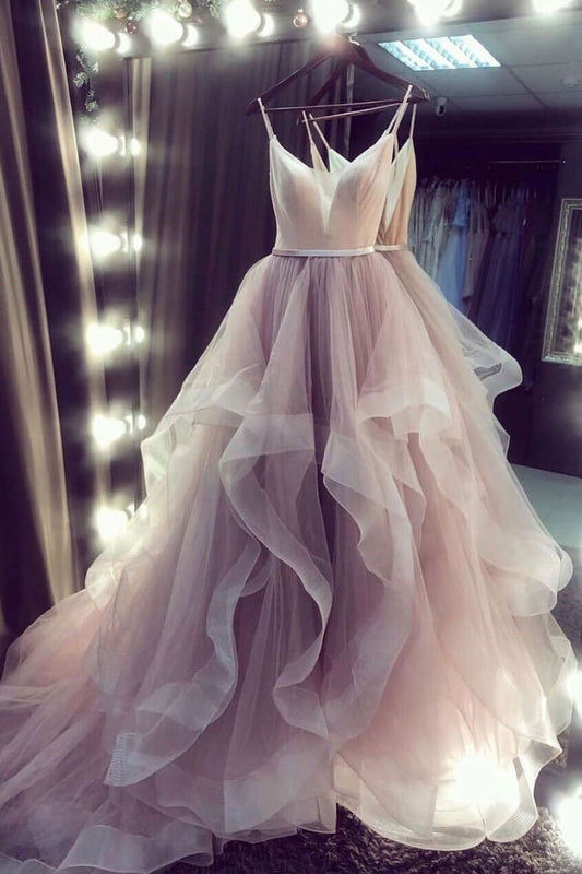 Champagne v neck tulle long prom dress champagne tulle formal dress   cg14124