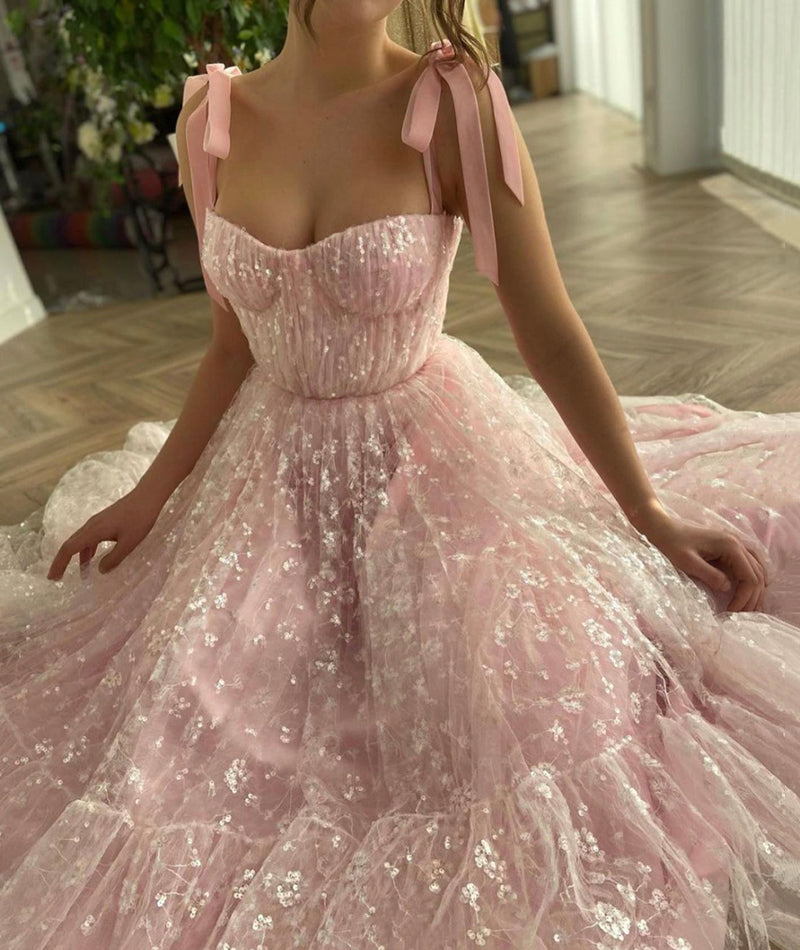 PINK TULLE SEQUINS A LINE PROM DRESS EVENING DRESS   cg14128