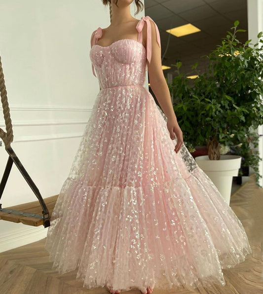 PINK TULLE SEQUINS A LINE PROM DRESS EVENING DRESS   cg14128