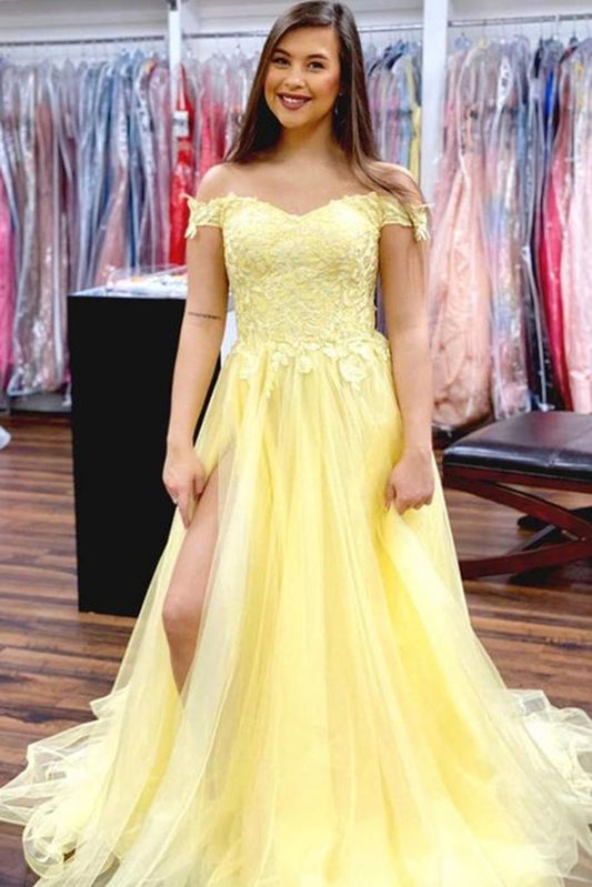 Off Shoulder Yellow Lace Long Prom Dress with High Slit   cg14135