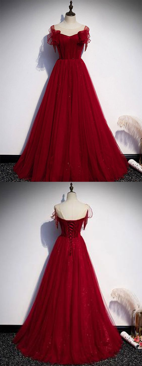 burgundy tulle round neck long prom dress burgundy evening dress   cg14142