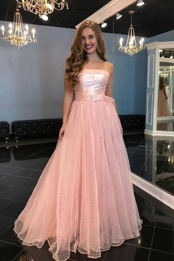 A-Line Strapless Floor-Length Pink Tulle Prom Dress with Belt    cg14147