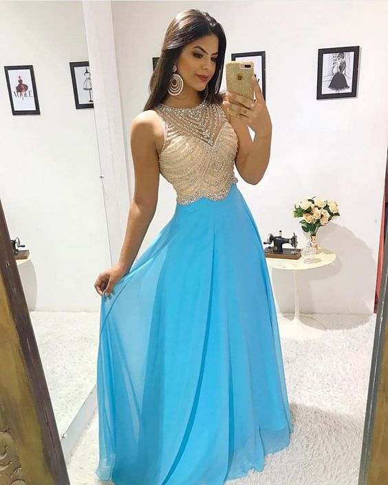 Luxury Blue Prom Dress Beaded Jewel Neck Floor Length Chiffon Elegant Evening Dresses Formal Long Party Gowns  cg14158