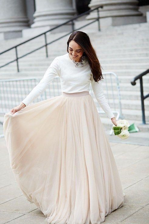 Simple Unique Long Sleeves Two Piece Wedding Dress with Nude Tulle Skirt prom dress   cg14163