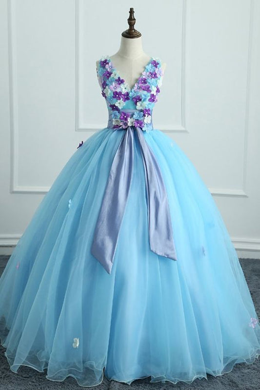 Unique Blue Tulle Handmade Flowers Formal Prom Dress With Sash   cg14173