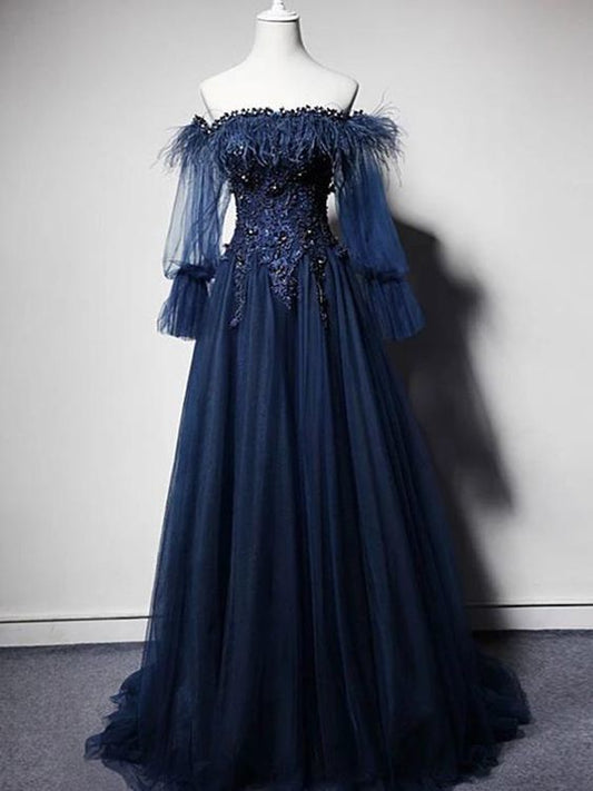 Off the Shoulder Long Sleeve Navy Prom Dress A Line Long Prom Evening Dress    cg14186