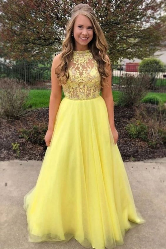 lace prom dresses 2021 crew neckline a line tulle floor length yellow evening dresses   cg14190
