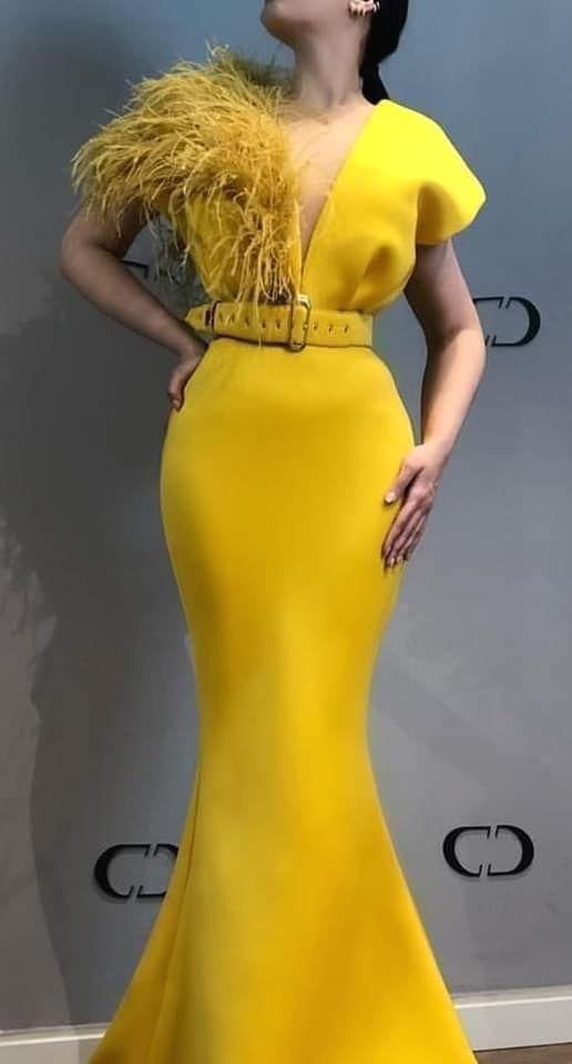 feather evening dresses yellow long mermaid modest short sleeve elegant evening gown Prom Dresses   cg14199
