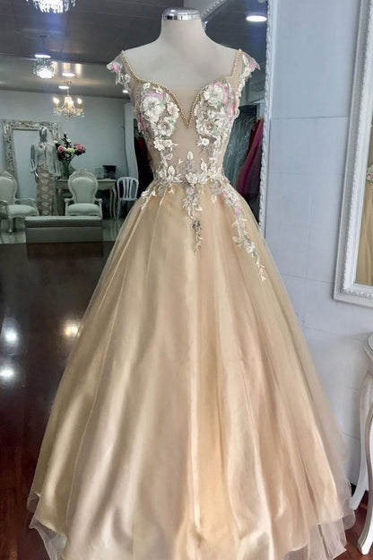 CHAMPAGNE TULLE LACE FLOWER LONG PROM DRESS, EVENING DRESS cg1420