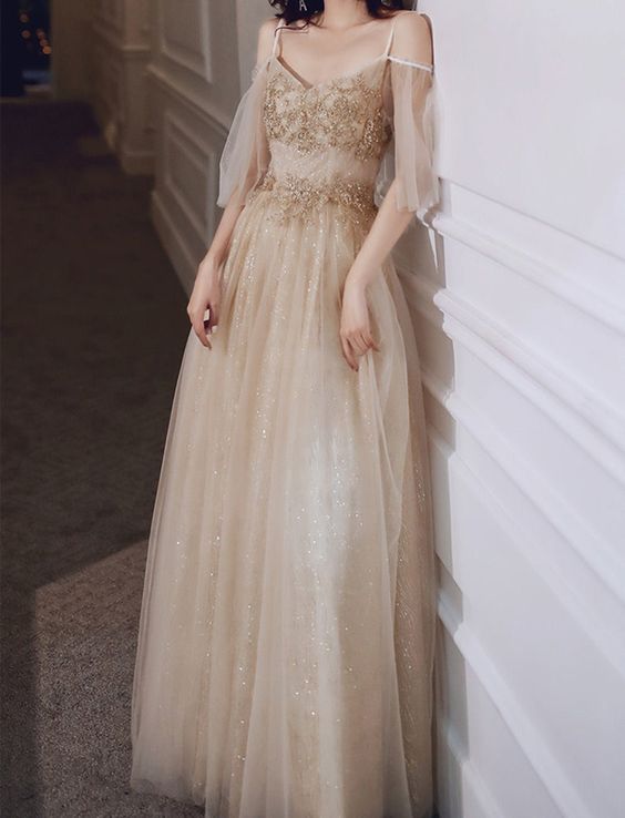 Champagne Gold Prom Dress Sparkly V Neck Party Dress Elegant off Shoulder Ball Gown Straps Long Evening Dress   cg14201