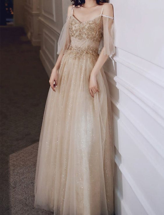 Champagne Gold Prom Dress Sparkly V Neck Party Dress Elegant off Shoulder Ball Gown Straps Long Evening Dress   cg14201