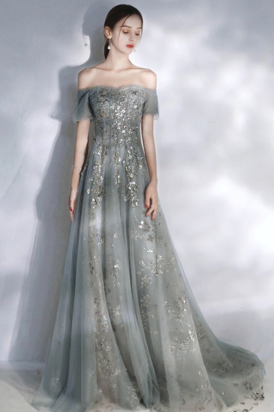 Sweetheart Neck Long Tulle Gray Dress, A Line Sequins Dress Prom Dress   cg14206