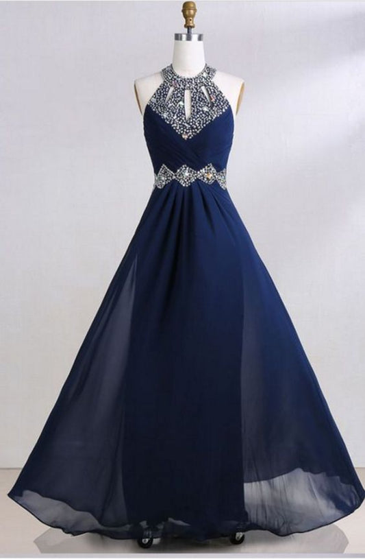 Halter Beaded A-line Floor-Length Prom Dress, Evening Dress Featuring Keyhole Front And Lace-Up Back  cg14128