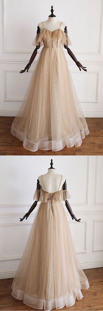 CHAMPAGNE TULLE OFF SHOULDER LONG PROM DRESS, CHAMPAGNE EVENING DRESS cg1423