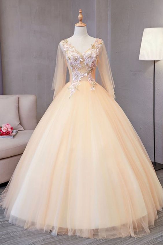 Champagne tulle V neck mid sleeve long 3D lace appliqué senior prom dress, long evening dress  cg14239