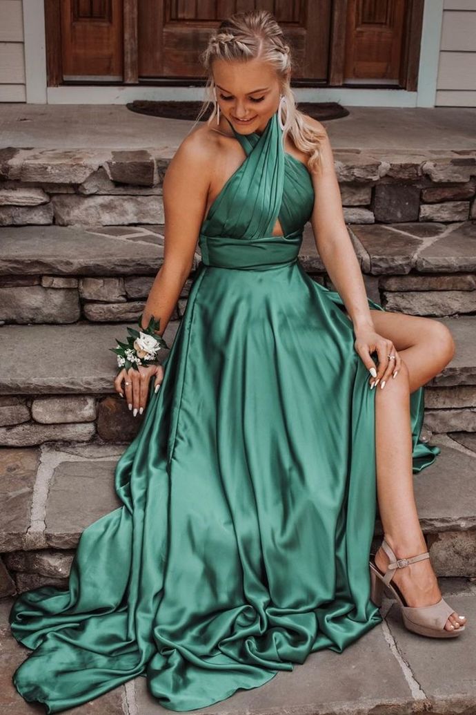 Gorgeous Halter Green Long Prom Dress with Slit   cg14255