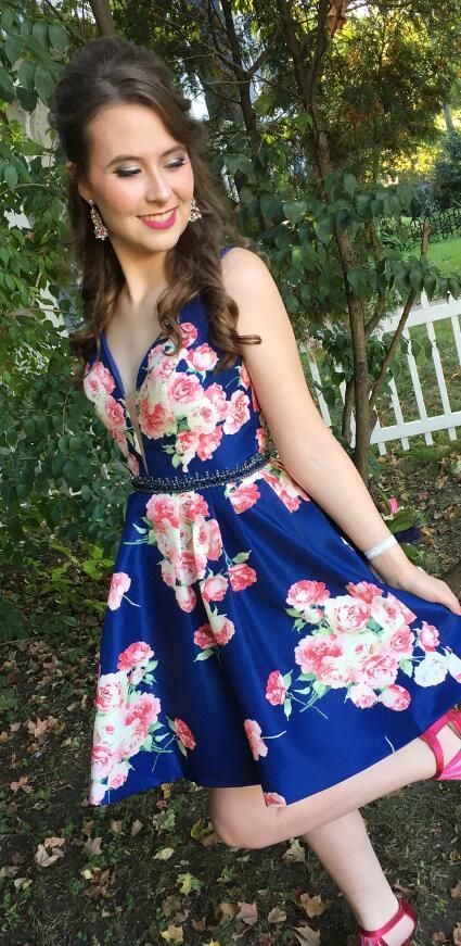 short royal blue floral homecoming dress   cg14258