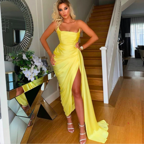 gelbe Ballkleider 2020 herzförmiger Ausschnitt Seitenschlitz sexy Chiffon Satin Abendkleider cg14259
