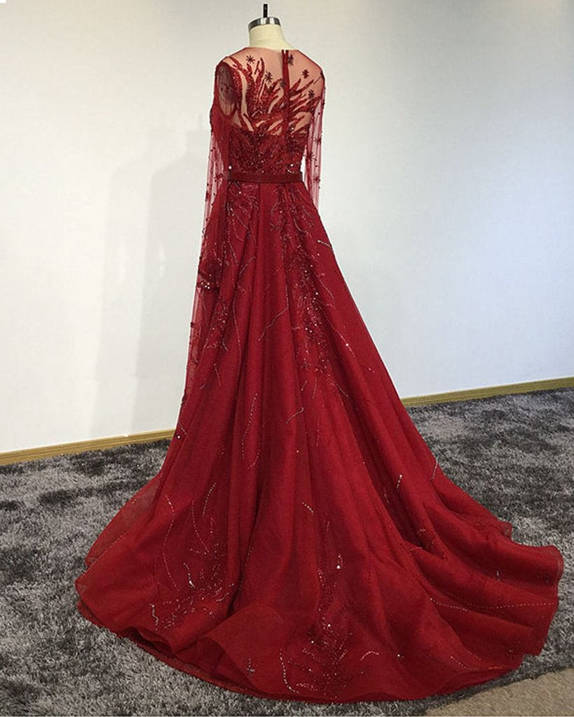 Unique Red Tulle Beaded Long Mermaid Chapel Train Prom Dress, Formal Dress   cg14264