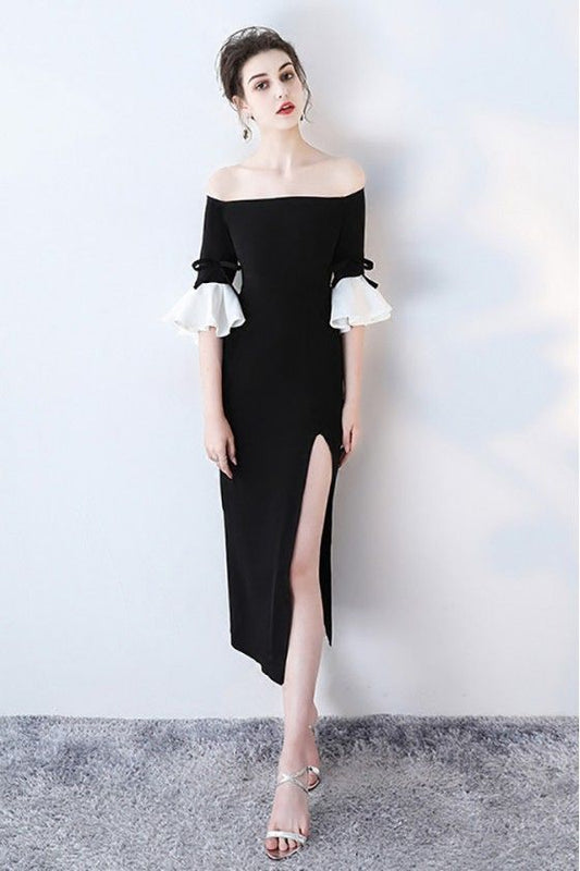 Black Off Shoulder Side Slit Party prom Dress with Bell Sleeves   cg14725