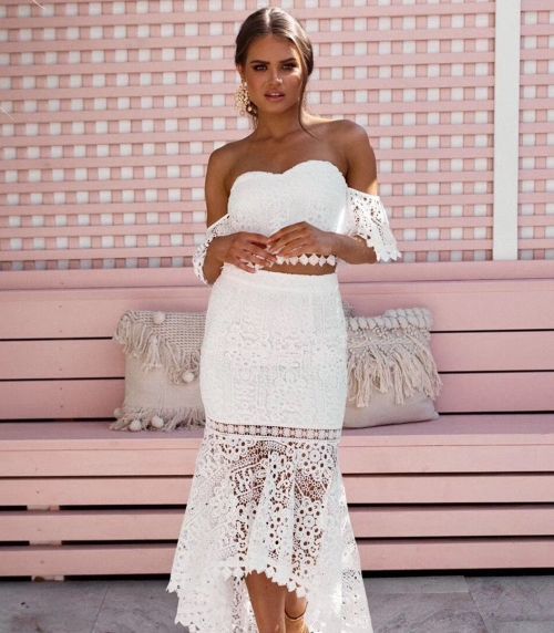 Two Piece White Prom Dress , Meramid Prom Dress With Lace   cg14278