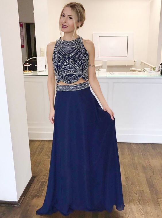 Two Piece Round Neck Blue Chiffon Prom Dress with Beading   cg14308