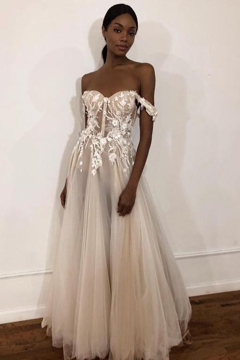 See-Through Off Shoulder Ivory Long Wedding prom Dress with Appliques,   cg14315