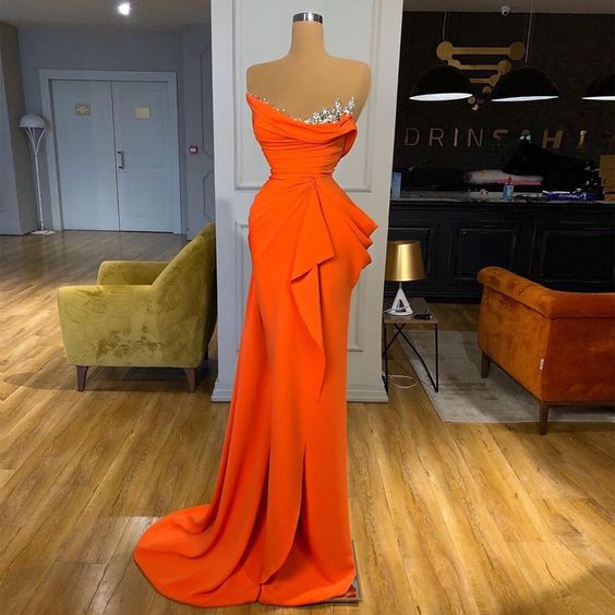 Evening Dresses V Neck Sheath Evening Gowns Orange Party Dress Slit Sequins Formal Dress fashion Prom Dress   cg14318