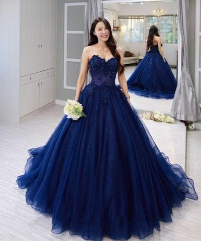 Navy Blue Tulle Sweetheart Long Lace Applique Formal Prom Dress cg1432