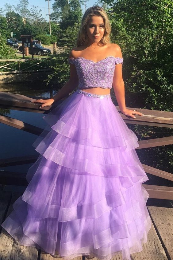 Off the Shoulder Two Pieces Lavender Lace Long Prom Dress   cg14327