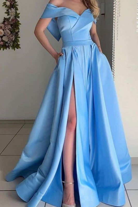 Simple off shoulder satin long blue prom dress, blue evening dress   cg14336