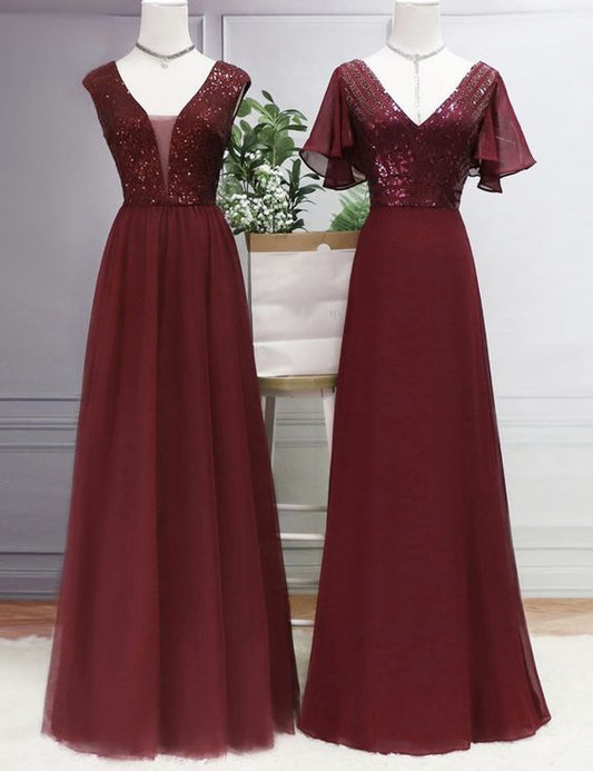 Burgundy V Neck Sequins Long Prom Dress Evening Dress   cg14349