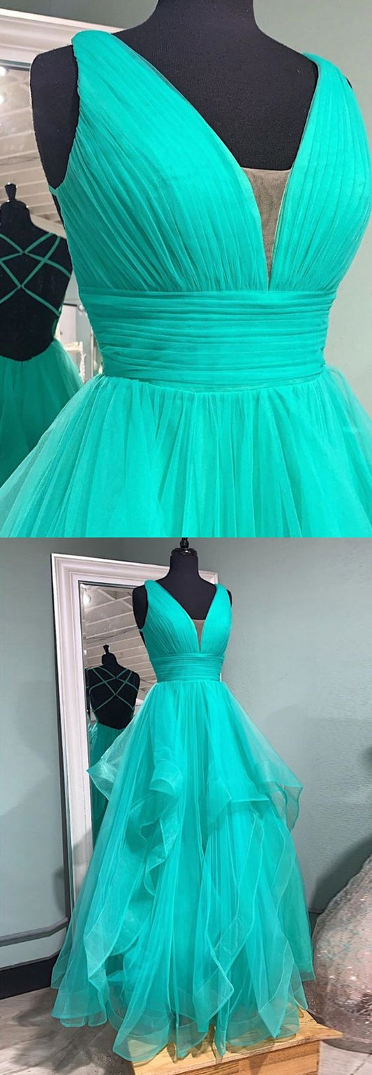 A line v neck tulle long prom dress evening dress   cg14350