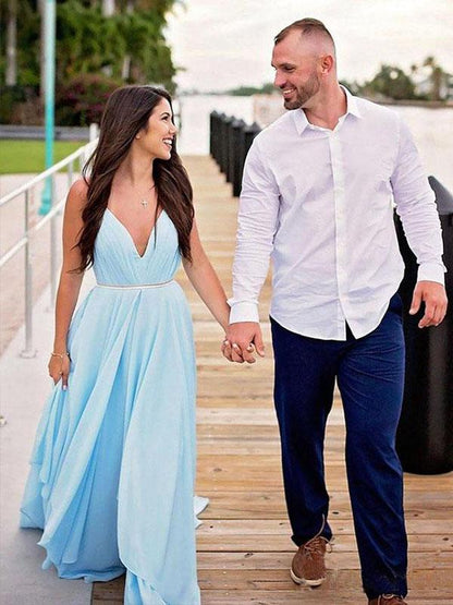 Sky Blue Chiffon Wedding Dress Spaghetti Straps V-neck Unique prom dress cg1436