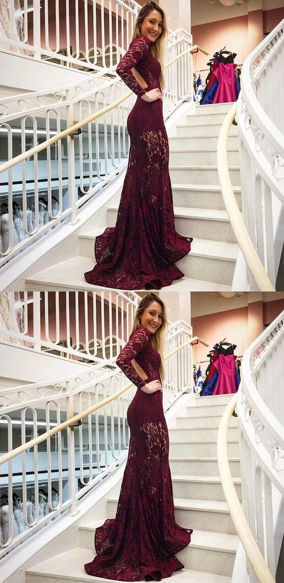 Mermaid High Neck Backless Long Sleeves Burgundy Lace Prom Dress With Pockets   cg14363