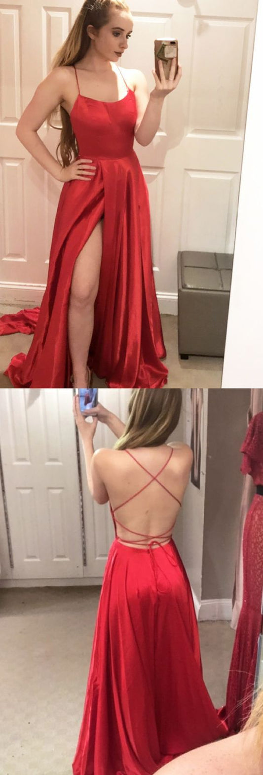 Sexy A Line Spaghetti Straps Backless Long Burgundy Satin Prom/Evening Dresses With High Split   cg14368