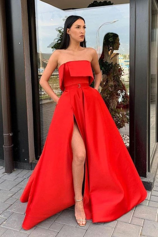 Modern Side Slit Long Red Prom Dress with Belt   cg14371