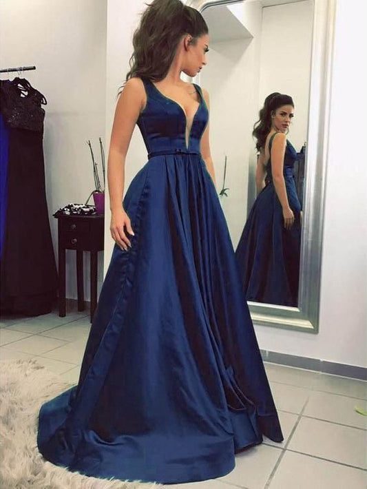 Sexy Plunge V-Neck Long Prom Dresses Sleeveless Satin Prom Gowns   cg14375
