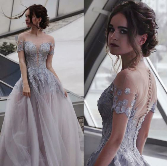 A line prom dress,tulle party dress,evening dress with appliques,half sleeve prom dress   cg14376