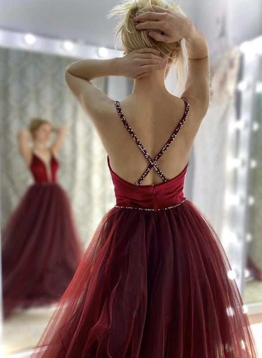 Burgundy v neck tulle long prom dress evening dress   cg14377