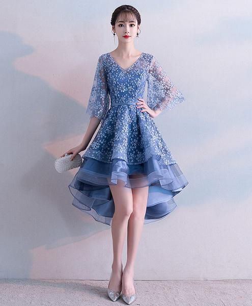 Blue v neck lace short homecoming dress, blue lace homecoming dress cg1440