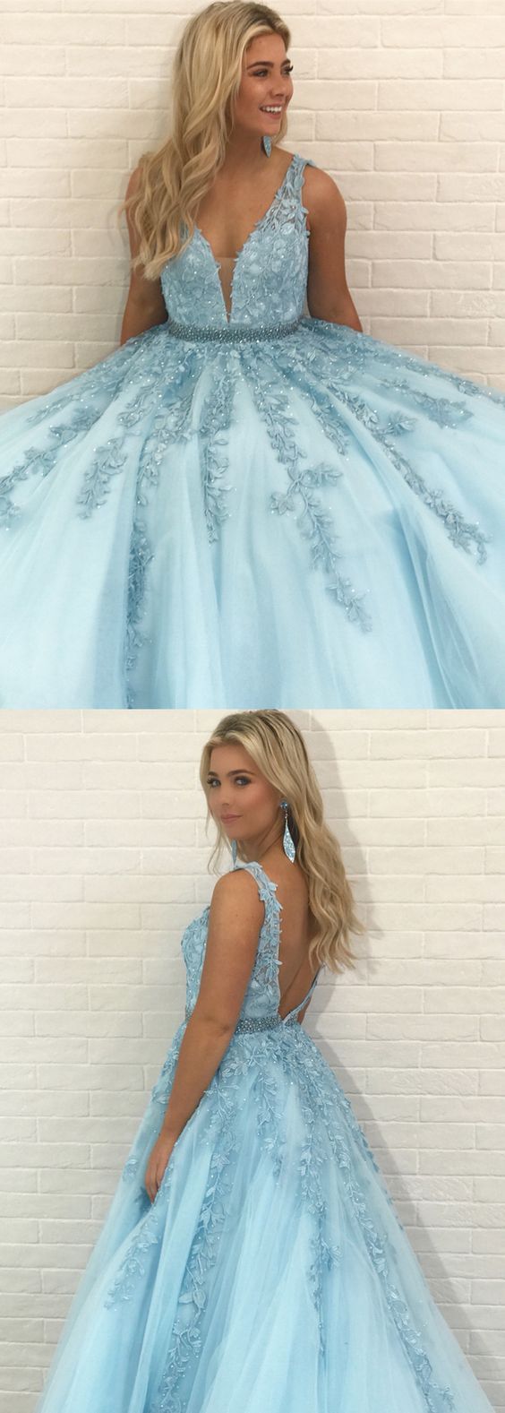 Gorgeous V Neck Sky Blue Long Prom Dress With Lace Appliques   cg14401