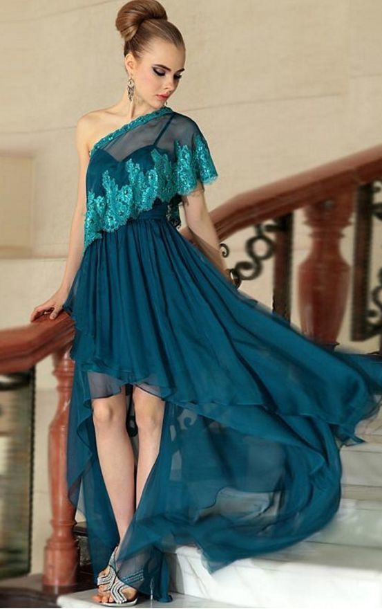 One Shoulder Evening Dresses, Lace Prom Dresses, Ruffle Party Dresses, High Front and Low Back Evening Dress   cg14405