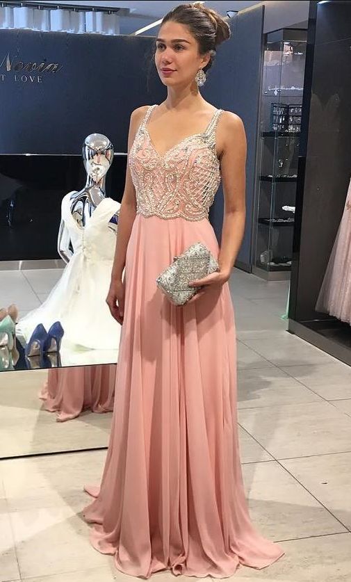 Charming Chiffon Long Evening Dress With Beading, Sexy Straps Prom Dresses   cg14407