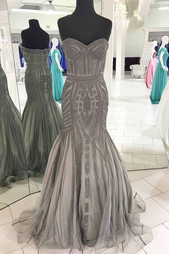 Sweetheart gray tulle beaded long strapless mermaid evening dress, formal prom dress   cg14416