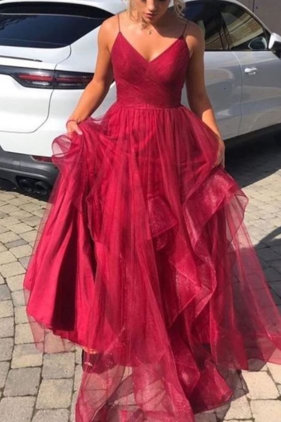 Ruffles Red Long Prom Dress with Open Back    cg14424