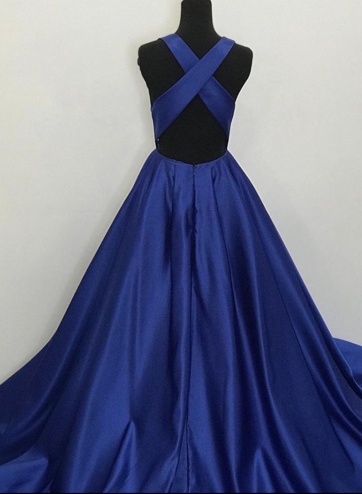 Blue v neck satin long prom dress blue evening dress    cg14426