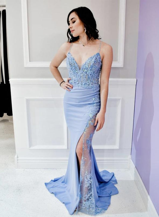 Blue v neck lace long prom dress mermaid evening dress   cg14427