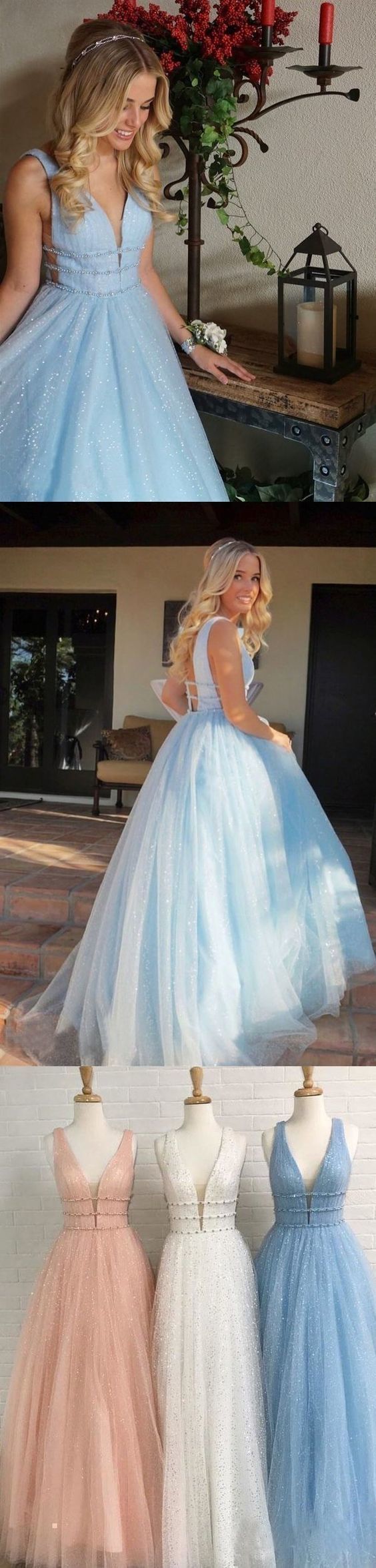 Sparkly Deep V Neck Long Beaded Backless Light Blue Prom Dresses Cheap Party Dress   cg14429