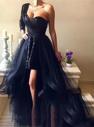 A-Line Black Tulle Sequins One Shoulder Long Sleeve Prom Dresses With Detachable Train   cg14435